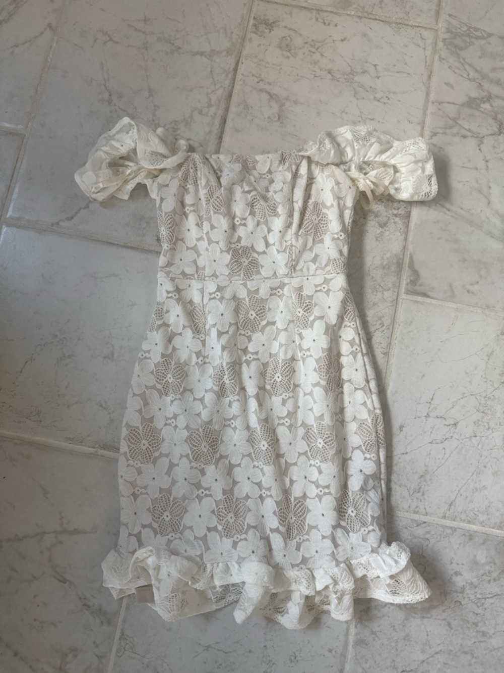Hello Molly White Off-Shoulder Lace Mini Dress